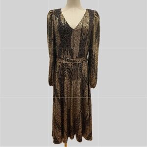 Calvin Klein NWOT Y2K Shimmering Black and Gold Long Sleeve Belted Dress 6